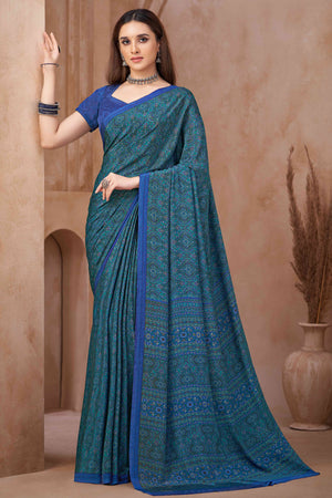 Blue Crepe Silk Saree Featuring Delicate Floral Print Work
