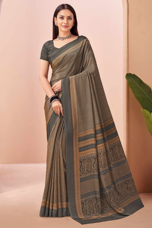 Brown Crepe Silk Saree Adorned With Artistic Floral Digital Print Work