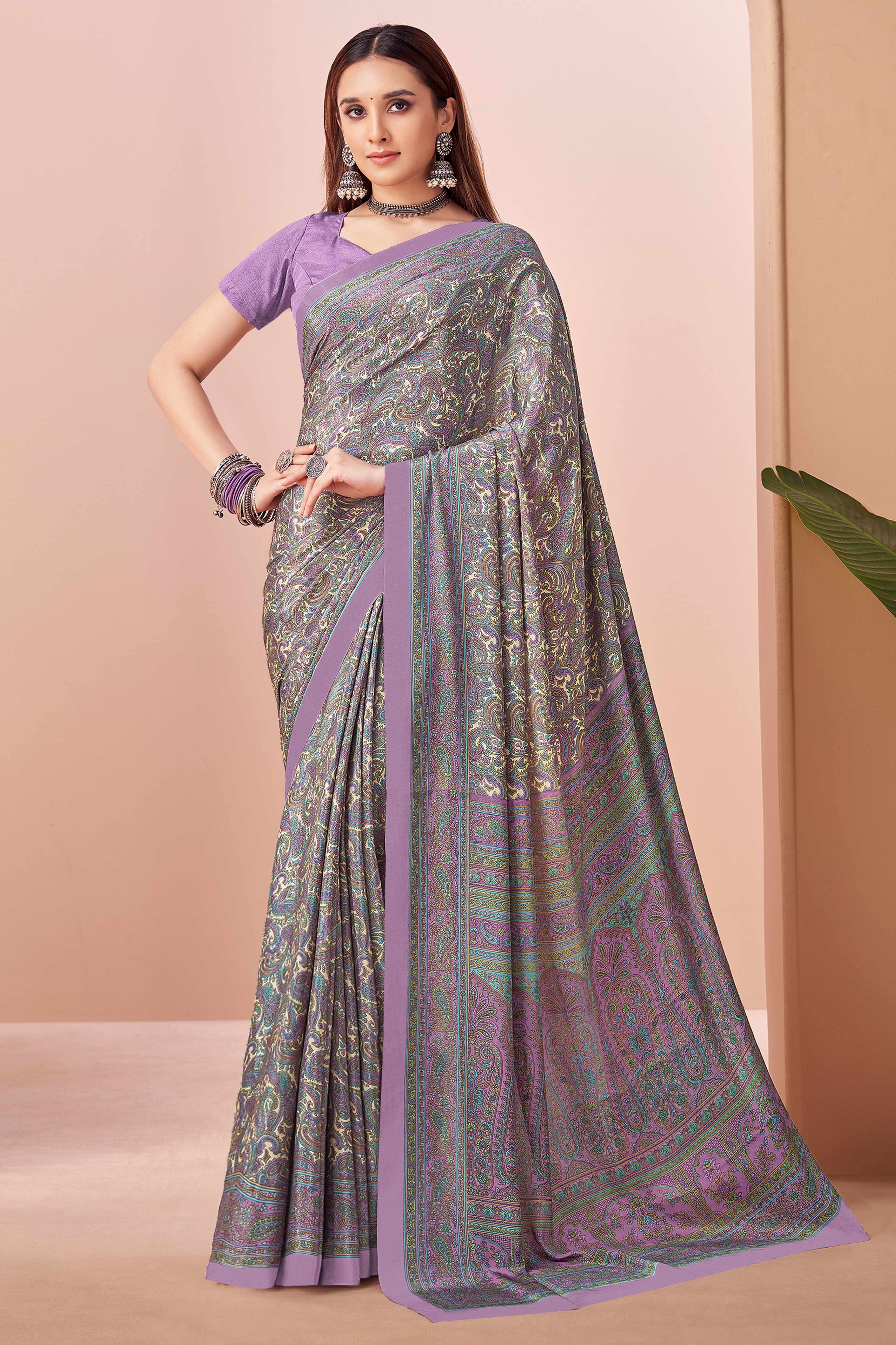 Lavender Crepe Silk Saree Adorned With Artistic Floral Digital Print Work