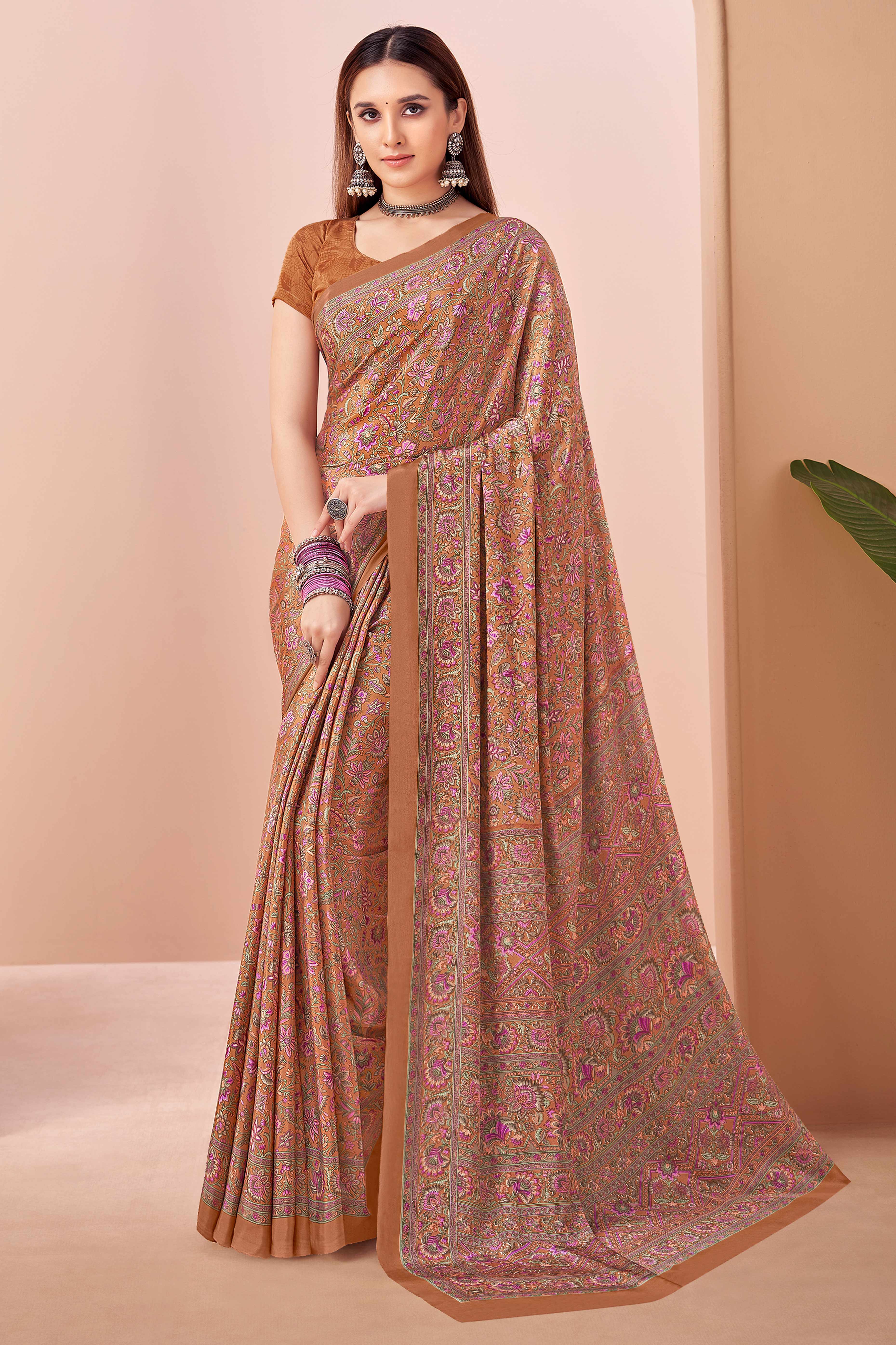 Brown Crepe Silk Saree Adorned With Artistic Floral Digital Print Work