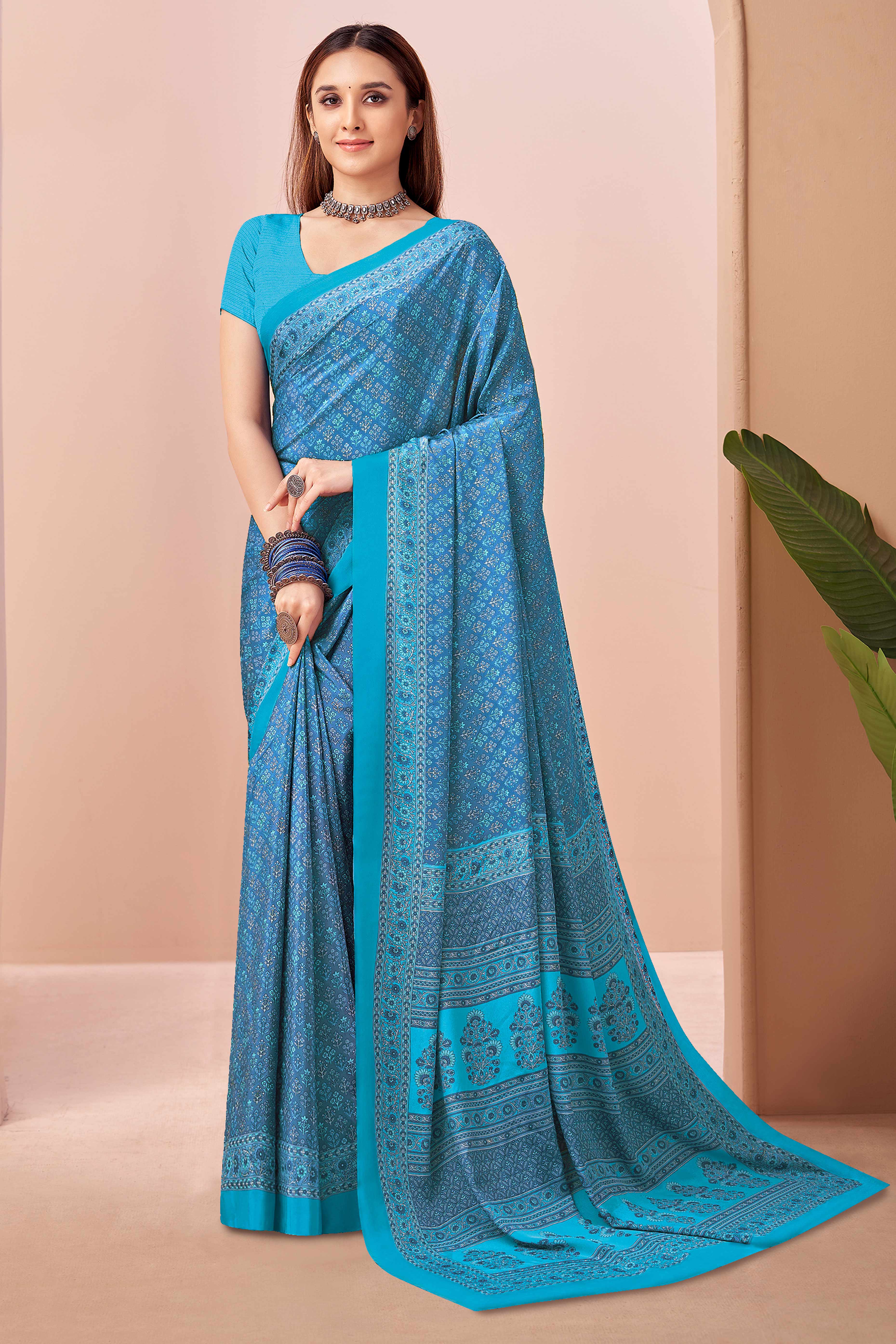Blue Crepe Silk Saree Adorned With Artistic Floral Digital Print Work