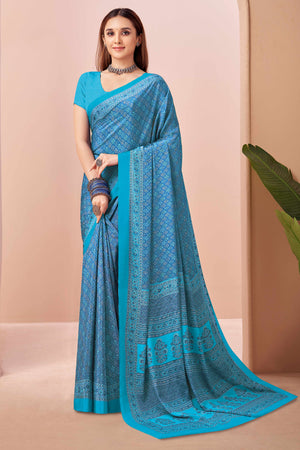 Blue Crepe Silk Saree Adorned With Artistic Floral Digital Print Work
