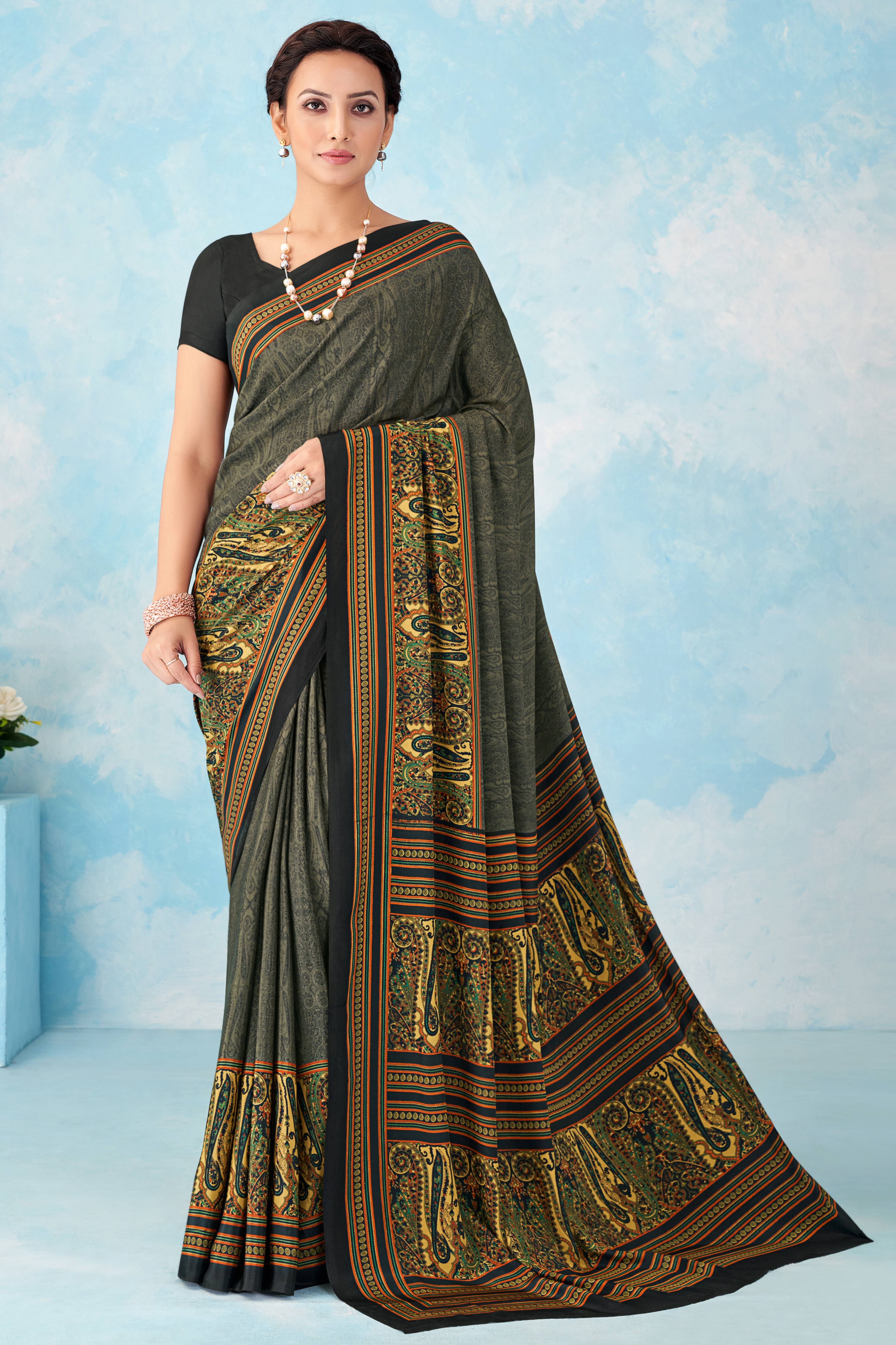 Lightweight Olive Paisley Printed Saree in Luxurious Silk Crepe