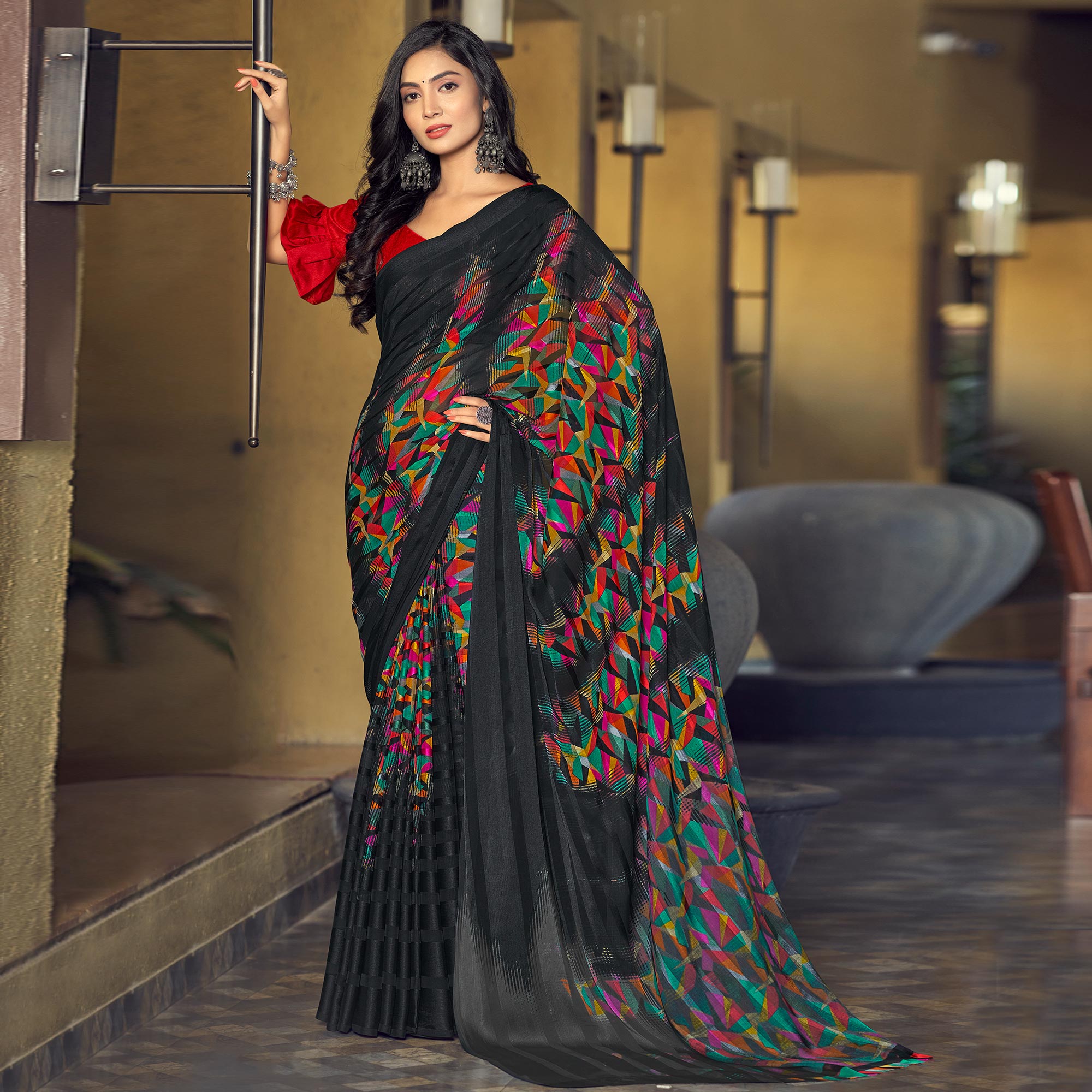 Black Geometric Printed Satin Saree