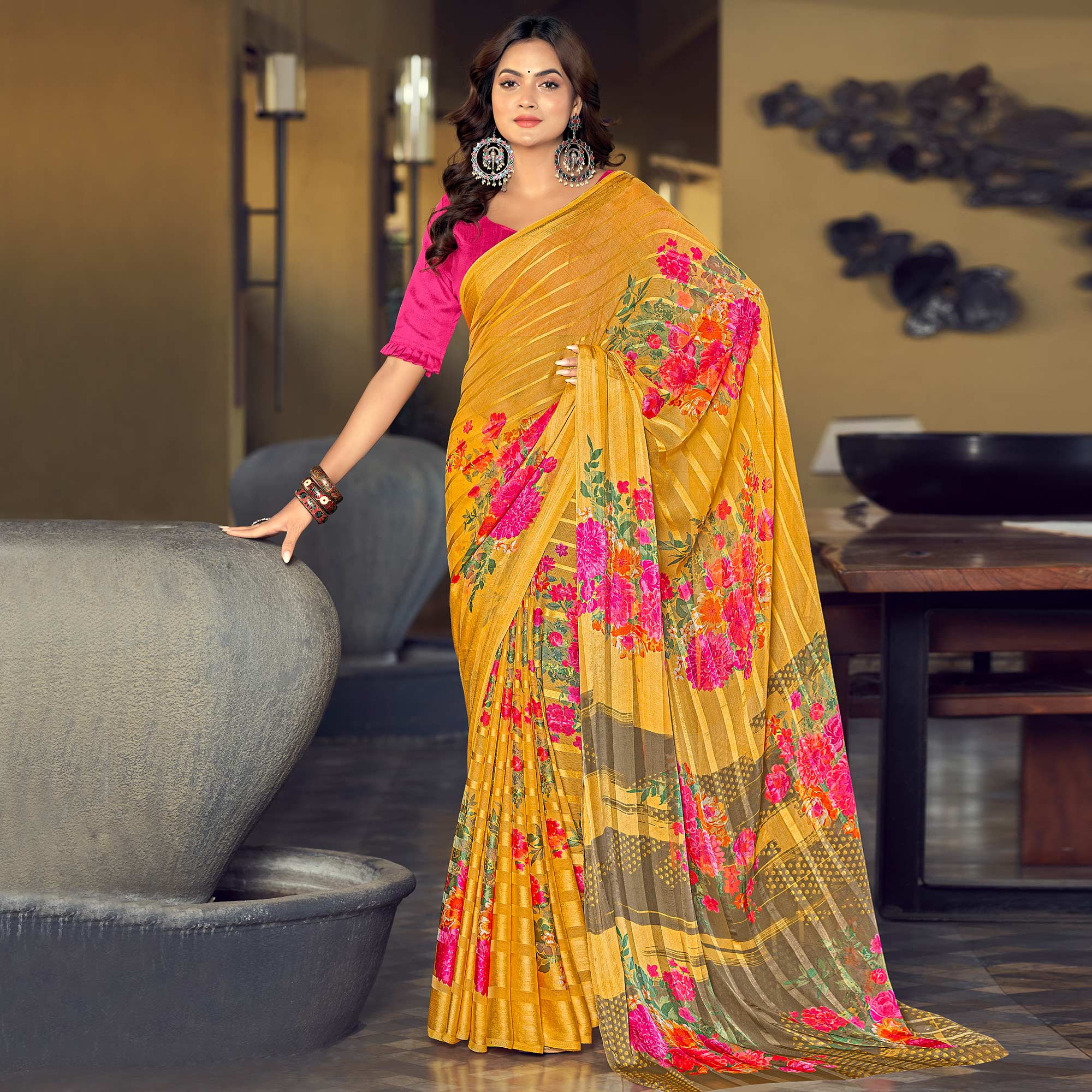 Yellow Floral Printed Satin Saree