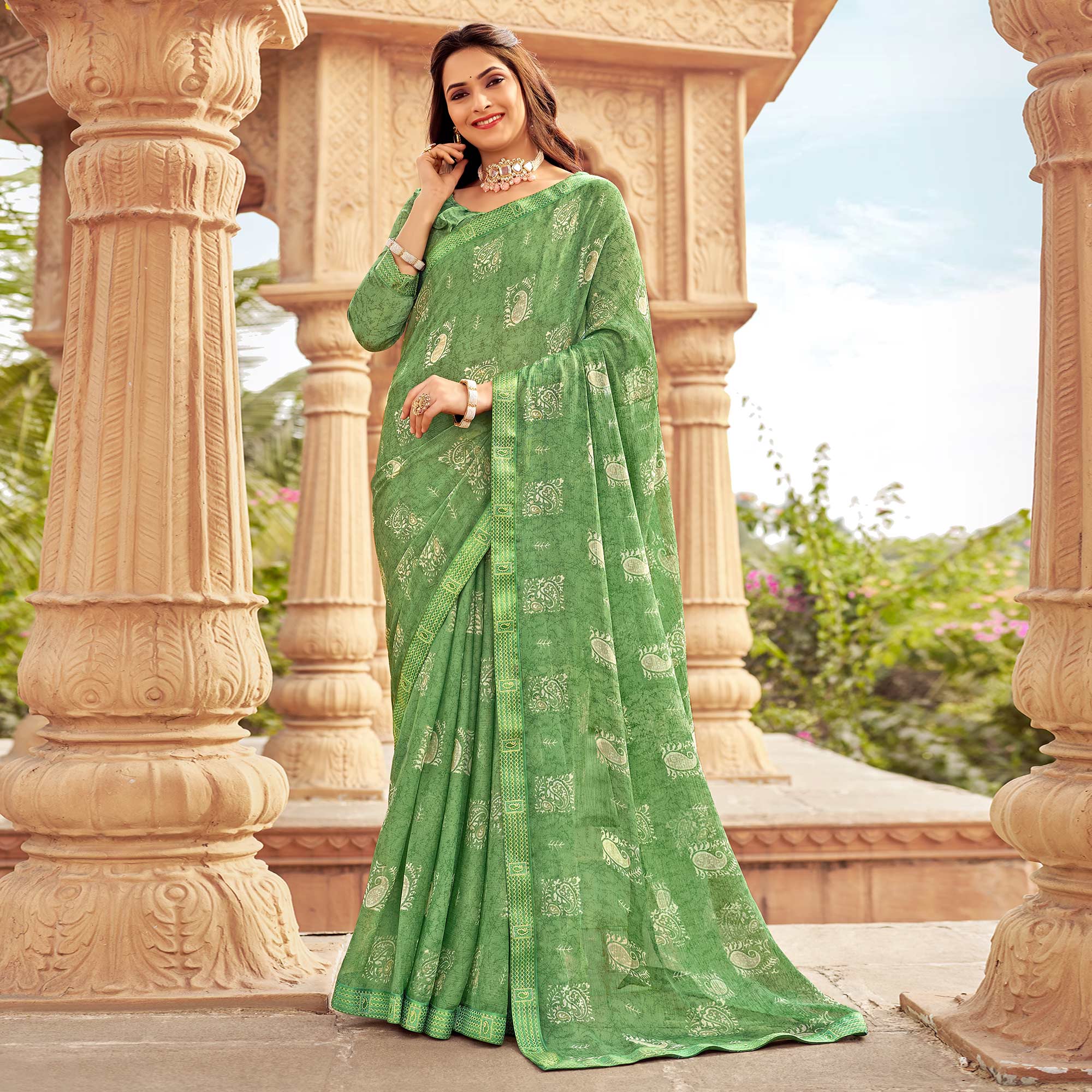 Green Floral Printed Chiffon Saree