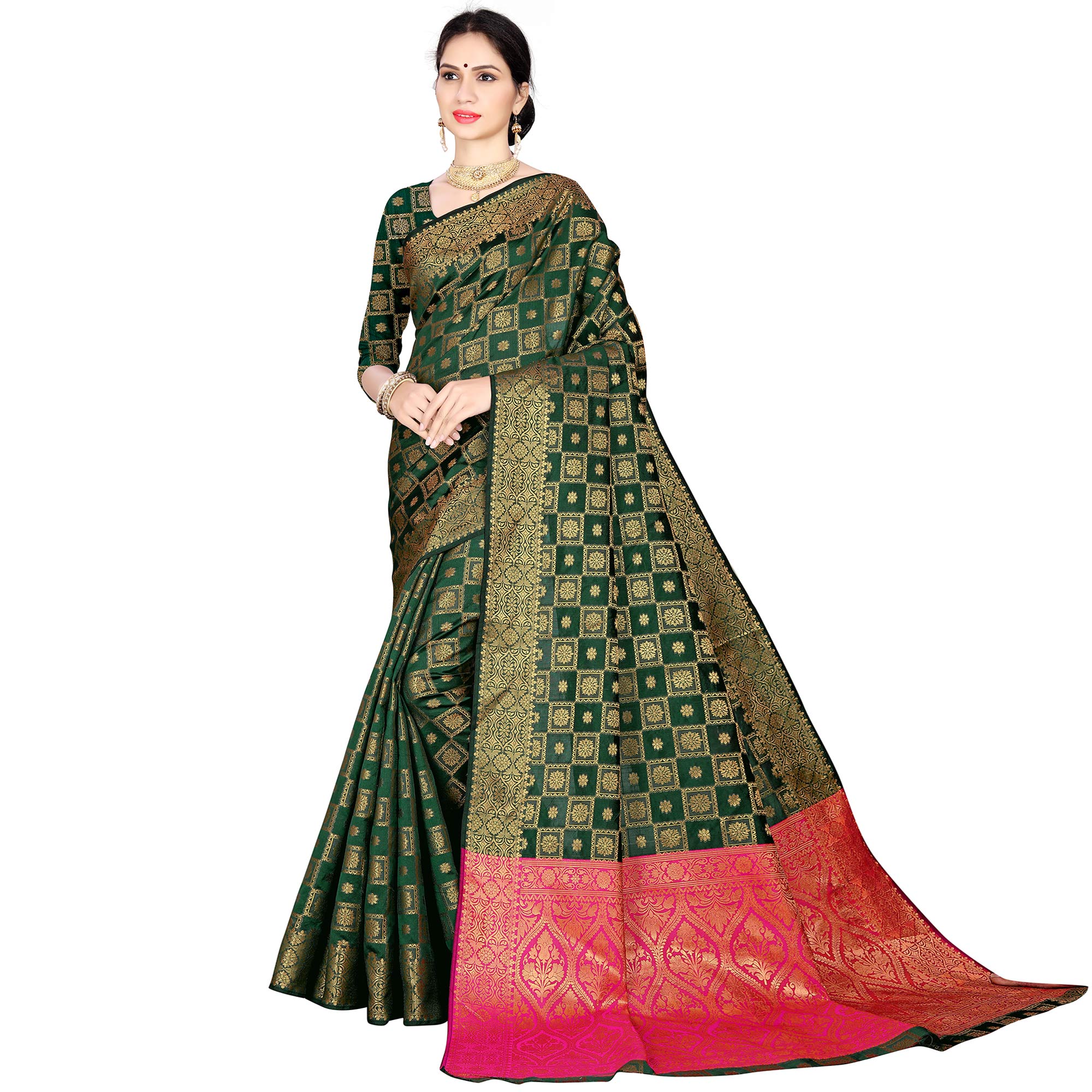Green Floral Woven Jacquard Saree