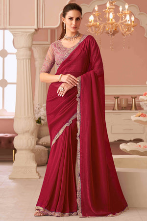 Rose Pink Sequins Embroidered Georgette Saree
