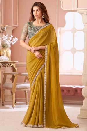 Mustard Sequins Embroidered Georgette Saree