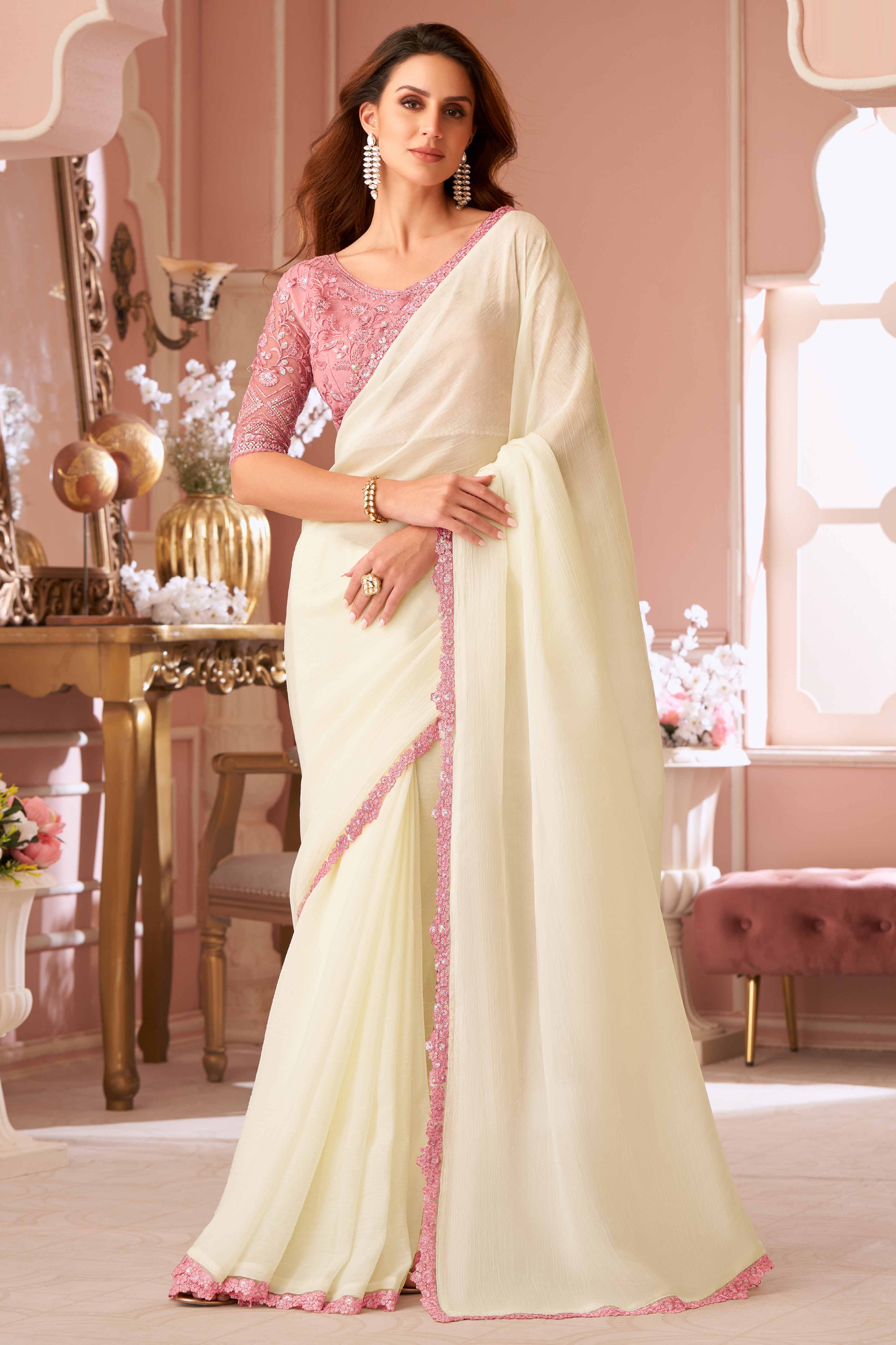 Off White Sequins Embroidered Georgette Saree