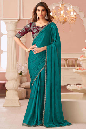 Teal Sequins Embroidered Satin Saree