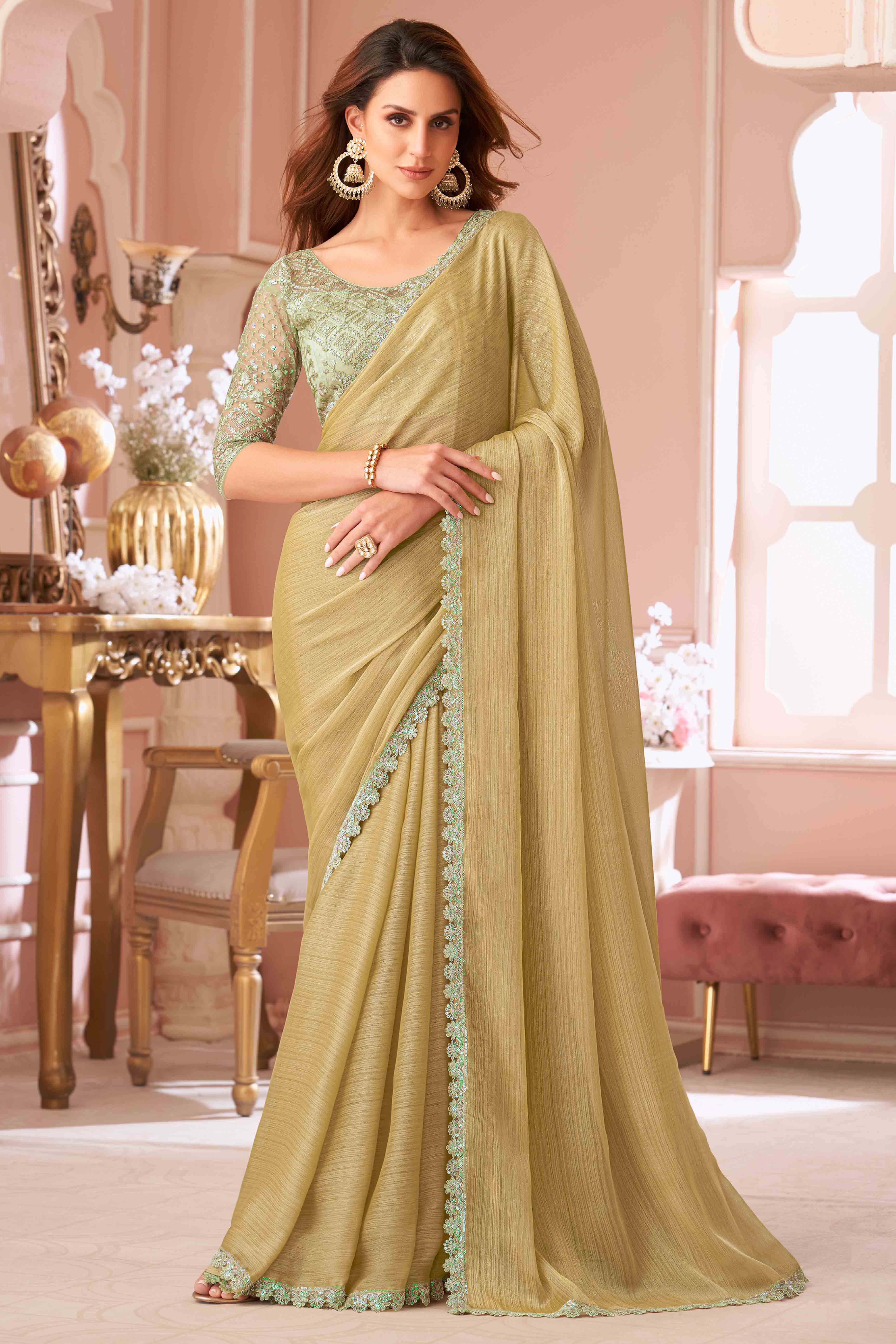 Olive Sequins Embroidered Georgette Saree