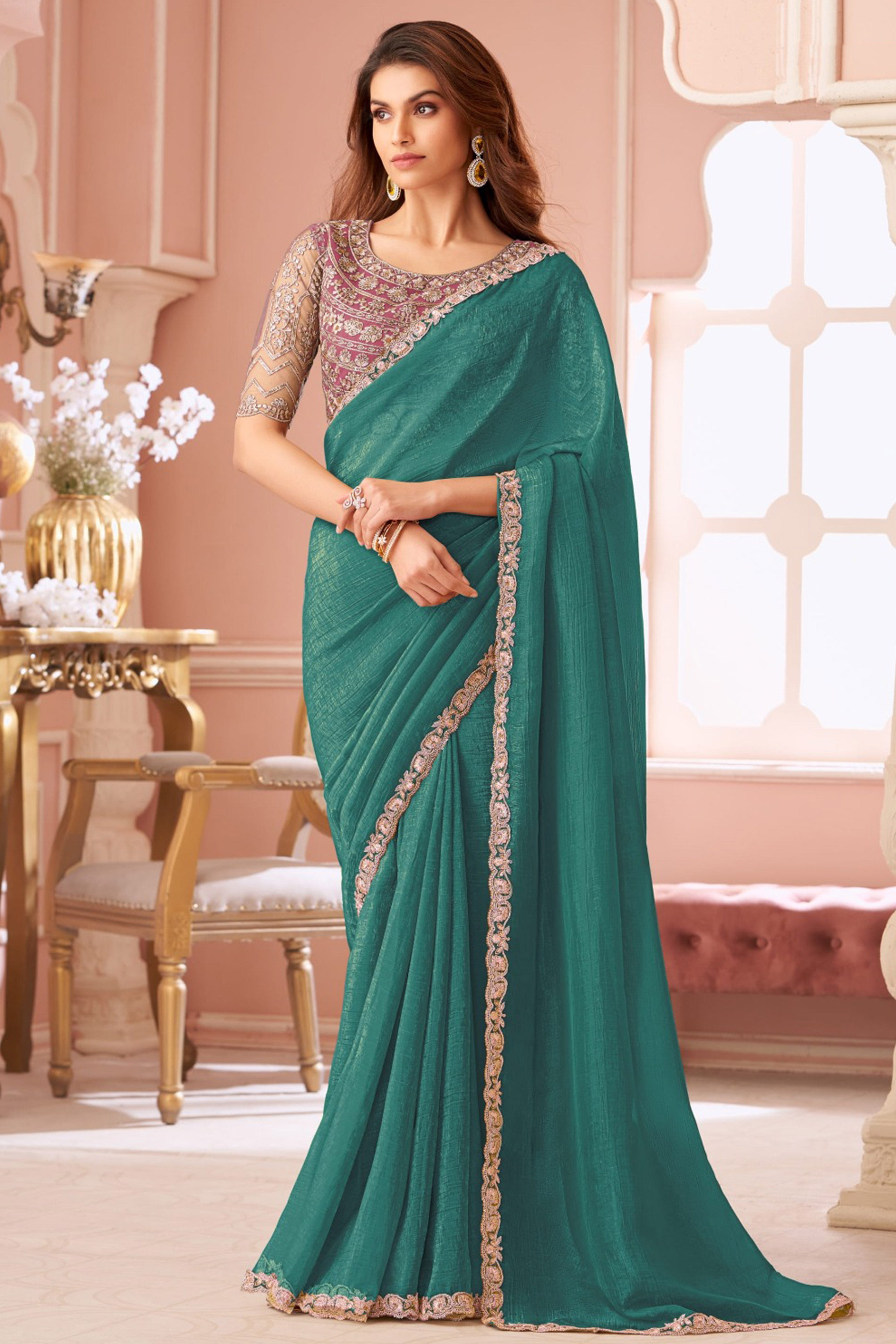 Designer Rama Green Sequin Embroidered Georgette Saree for Party Functions