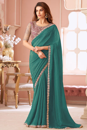 Designer Rama Green Sequin Embroidered Georgette Saree for Party Functions