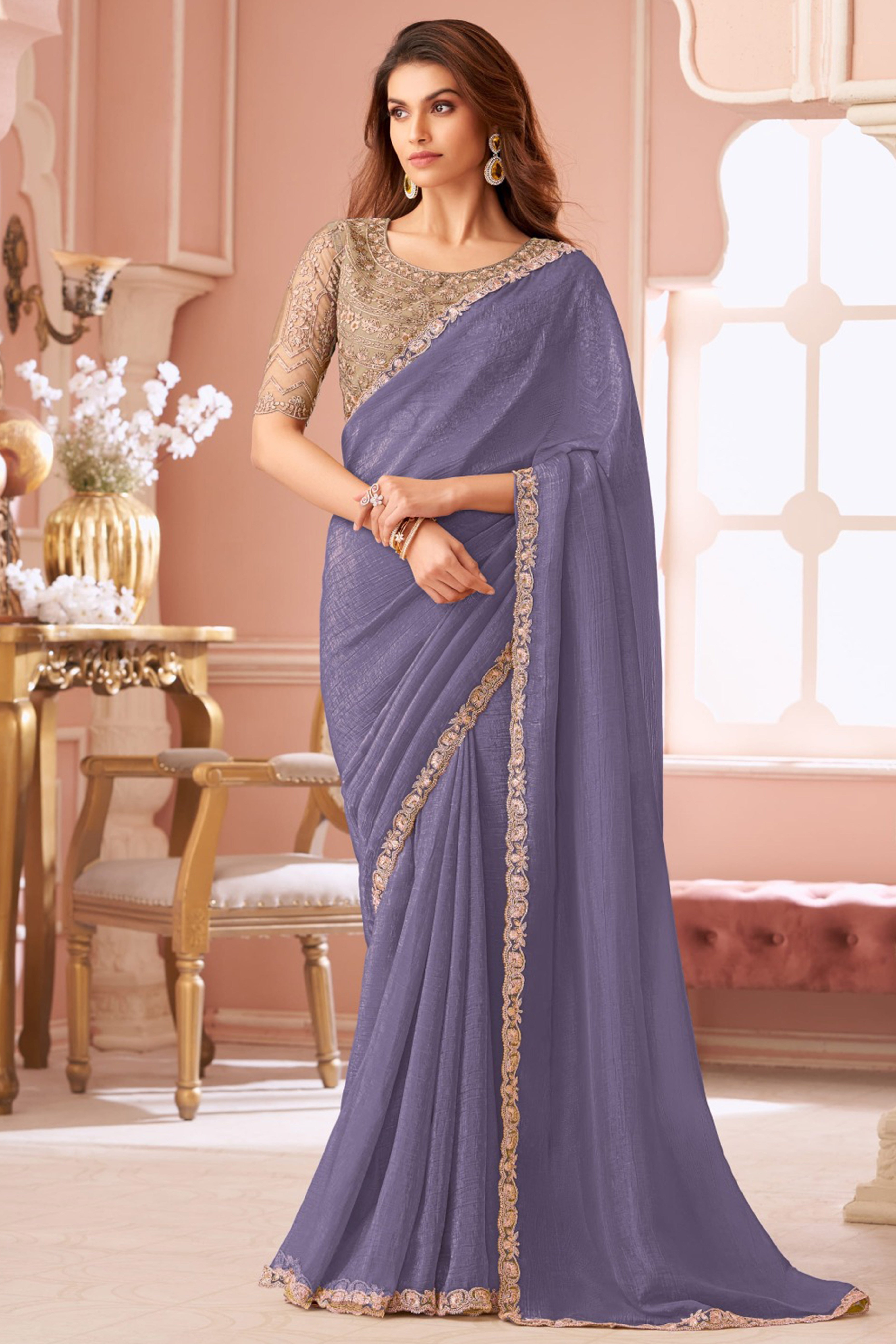 Designer Lavender Sequin Embroidered Georgette Saree for Party Functions