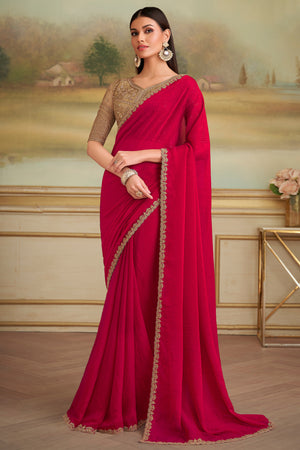 Radiant Cherry Red Shining Georgette Saree Adorned With Floral Sequins Embroidered Lace Border