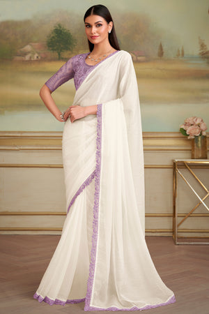 Elegant White Sparkle Georgette Saree Adorned With Floral Sequins Embroidered Lace Border Work