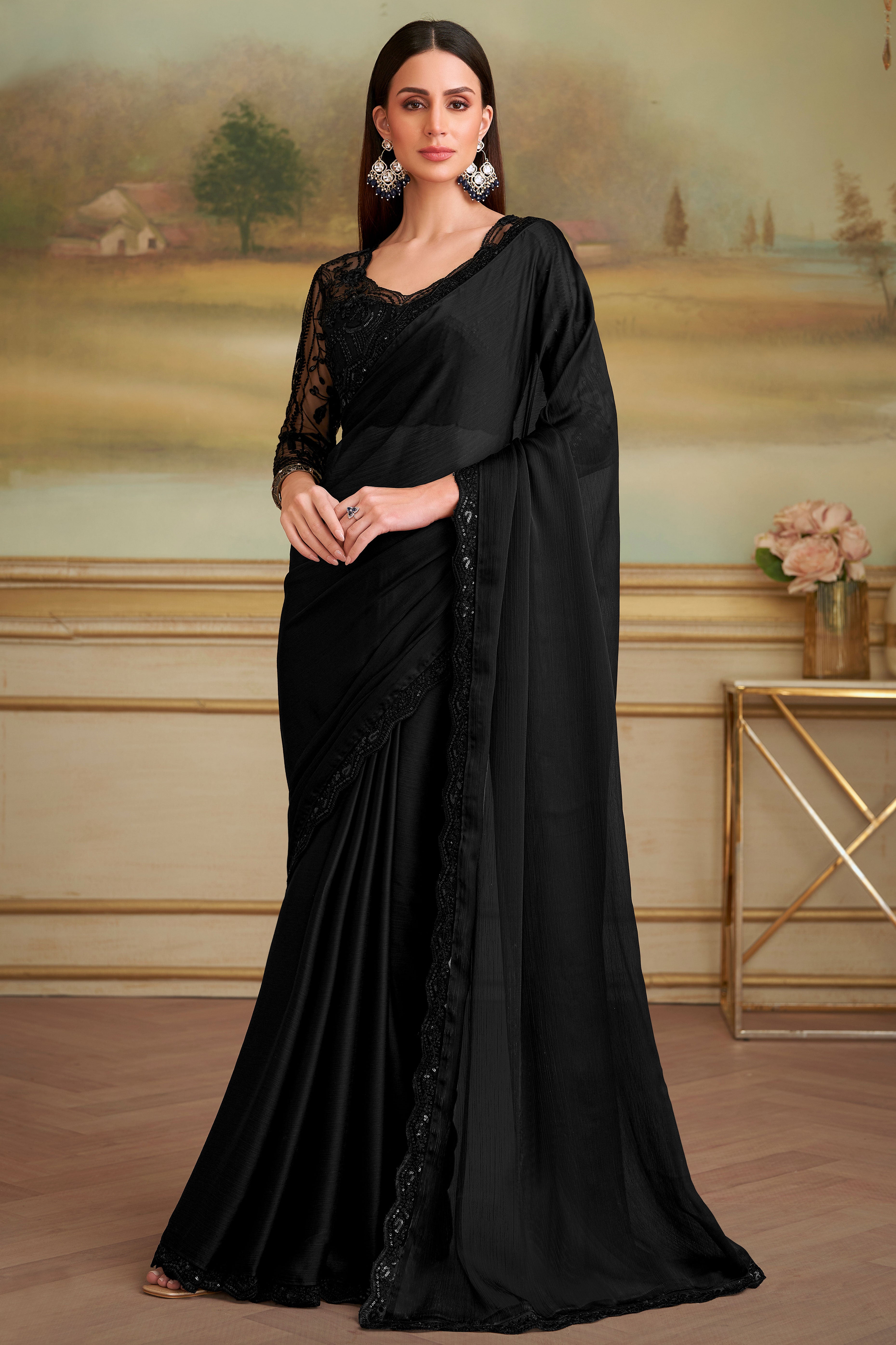 Opulent Jet Black Solid Satin Chiffon Saree With Exquisite Floral Sequins Embroidered Lace Border