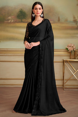 Opulent Jet Black Solid Satin Chiffon Saree With Exquisite Floral Sequins Embroidered Lace Border