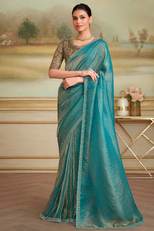 Charming Golden Blue Checked Georgette Saree Embellished With Floral Sequins Embroidered Lace Border