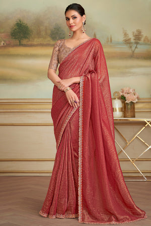 Graceful Brick Red Georgette Saree Adorned With Floral Sequins Embroidered Lace Border Work