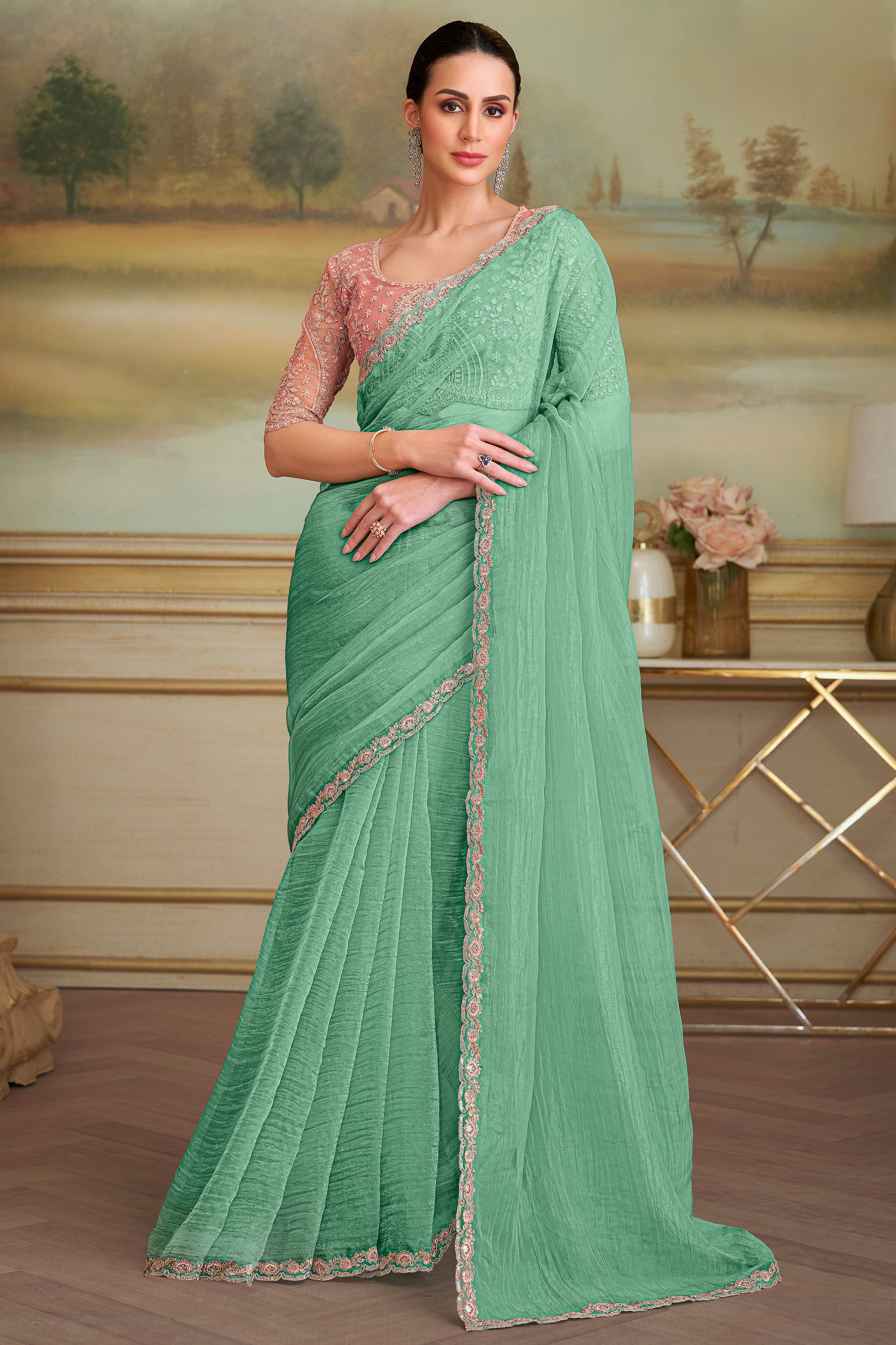 Stylish Sea Green Tissue Crush Georgette Saree Featuring Floral Sequins Embroidered Lace Border
