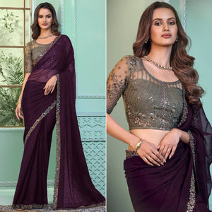 Wine Embroidered Chiffon Designer Saree