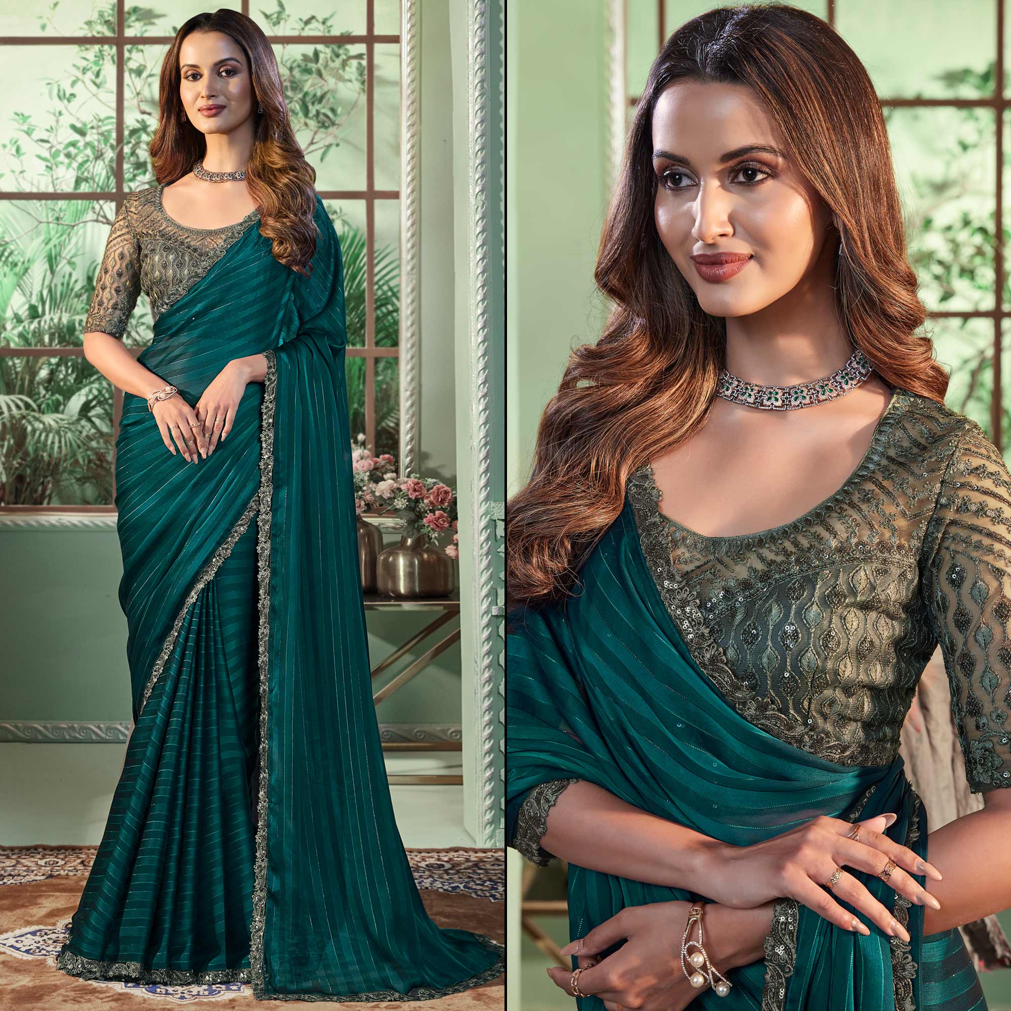 Teal Green Embroidered Georgette Designer Saree