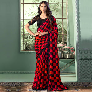 Red & Black Embroidered Chiffon Designer Saree