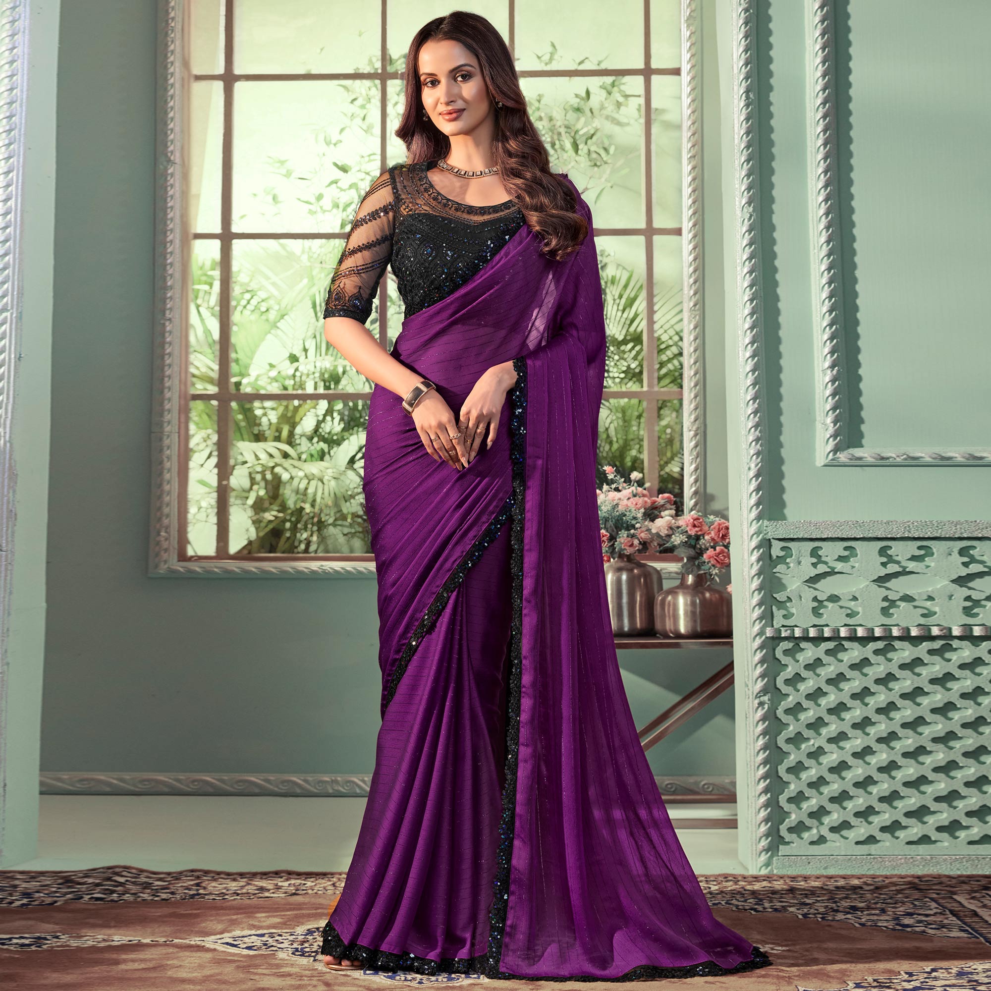 Purple Embroidered Georgette Designer Saree