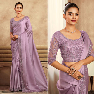 Pastel Purple Sequins Embroidered Satin Silk Saree