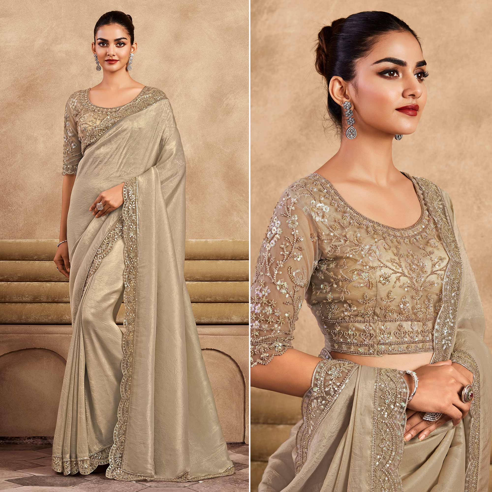 Beige Sequins Embroidered Satin Silk Saree