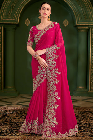 Elegant Pink Georgette Saree Adorned With Floral Cording Sequins Embroidery & Cutwork Border