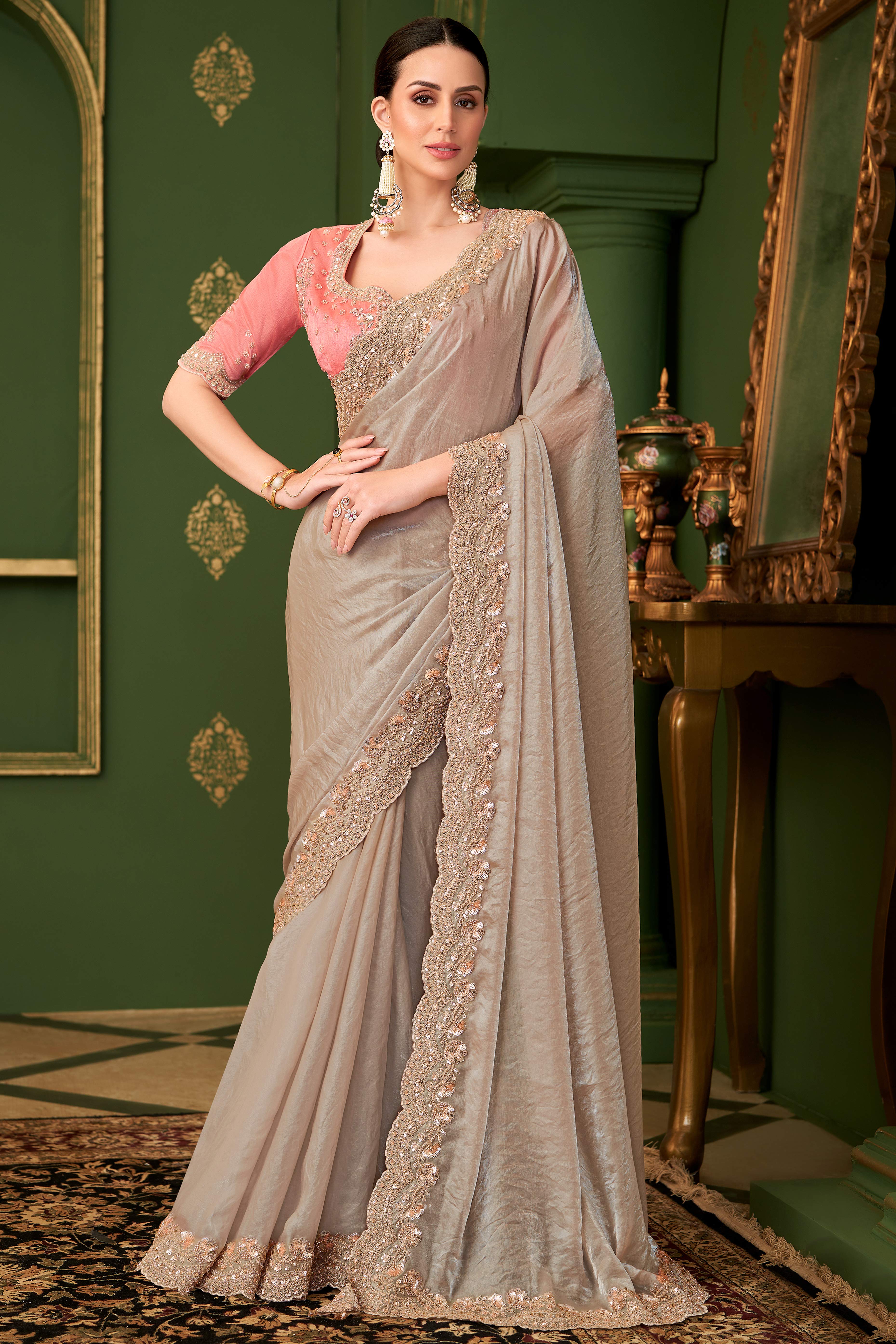 Elegant Chikoo Georgette Saree Adorned With Floral Cording Sequins Embroidery & Cutwork Border
