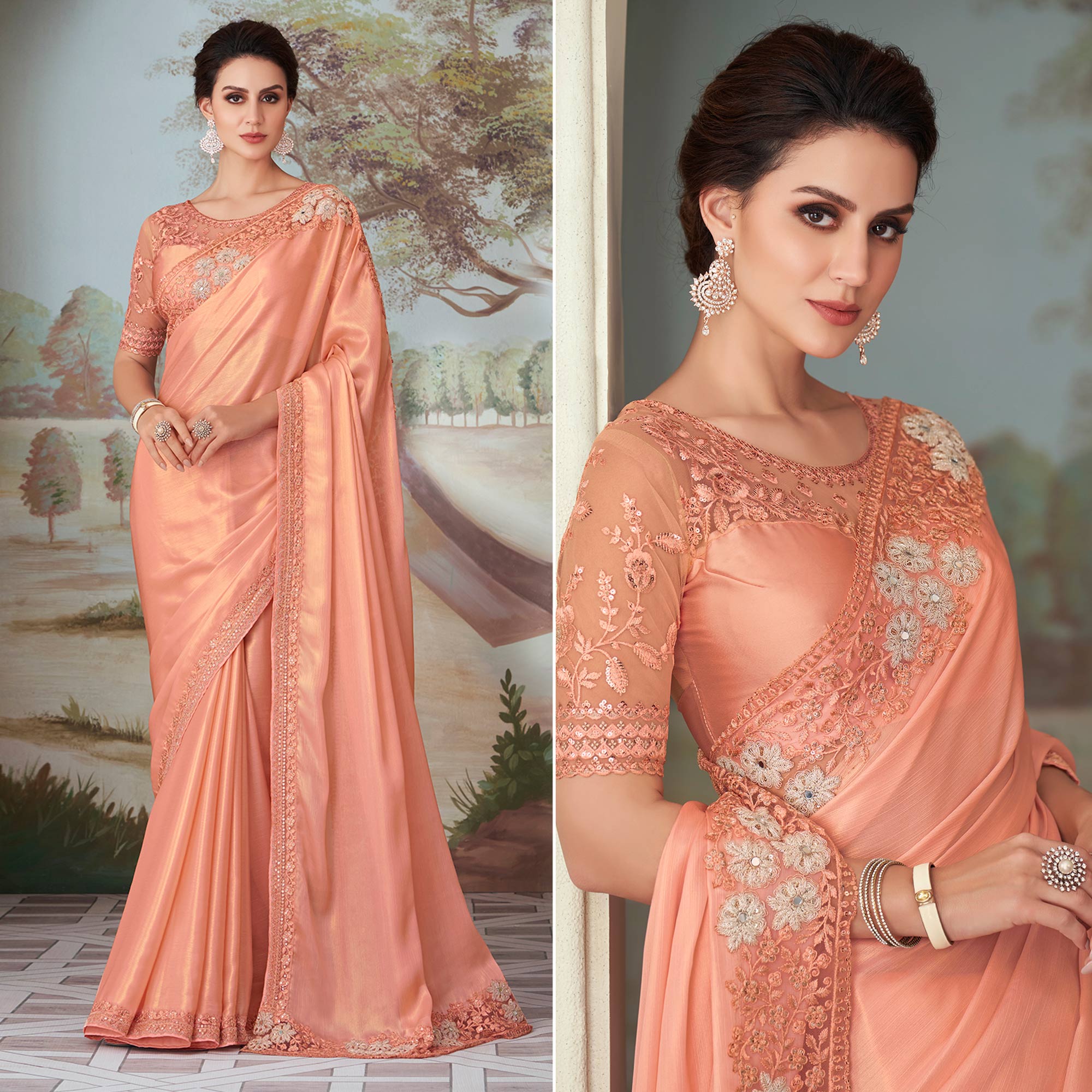 Peach Sequins Embroidered Satin Saree
