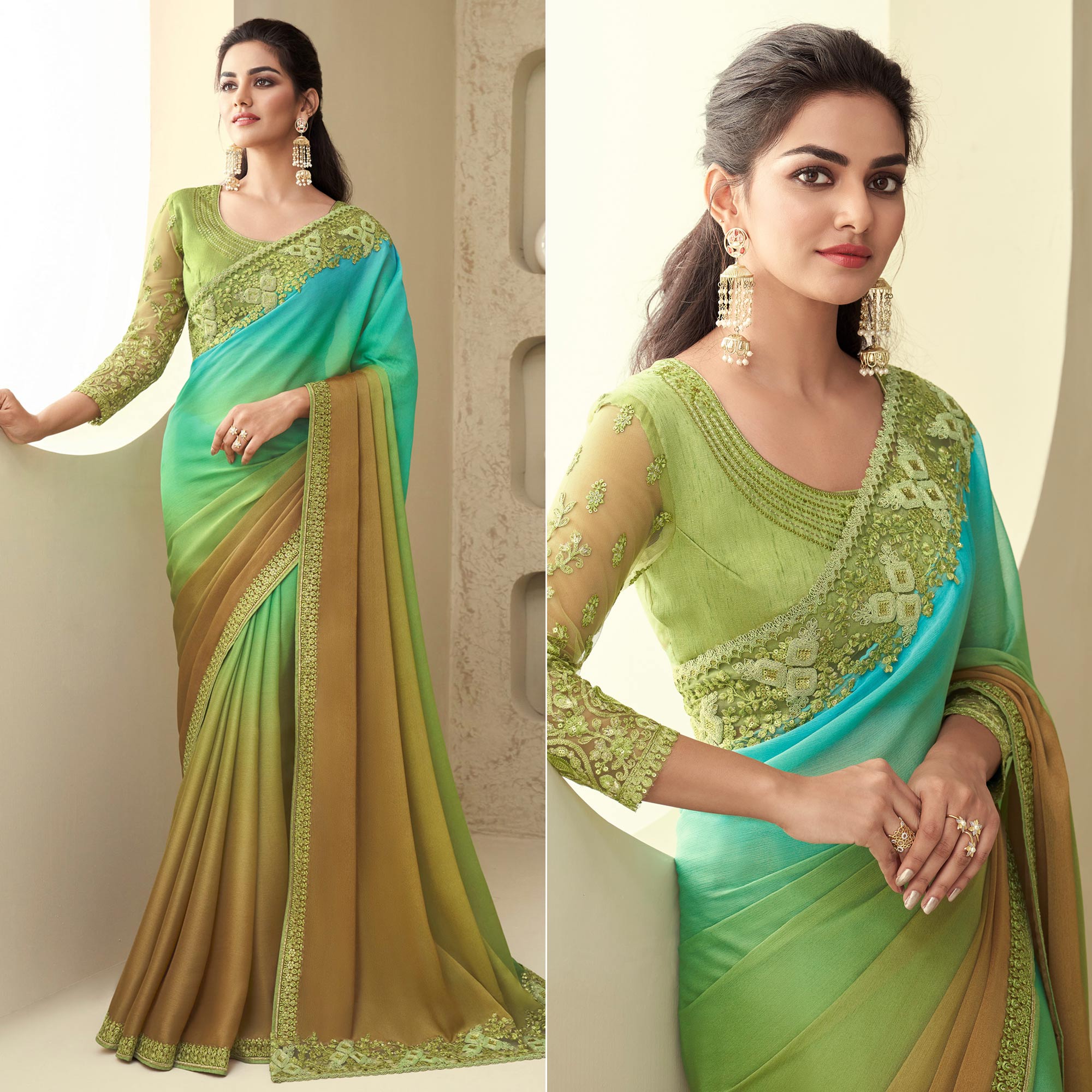 Pista Green Sequins Embroidered Georgette Saree