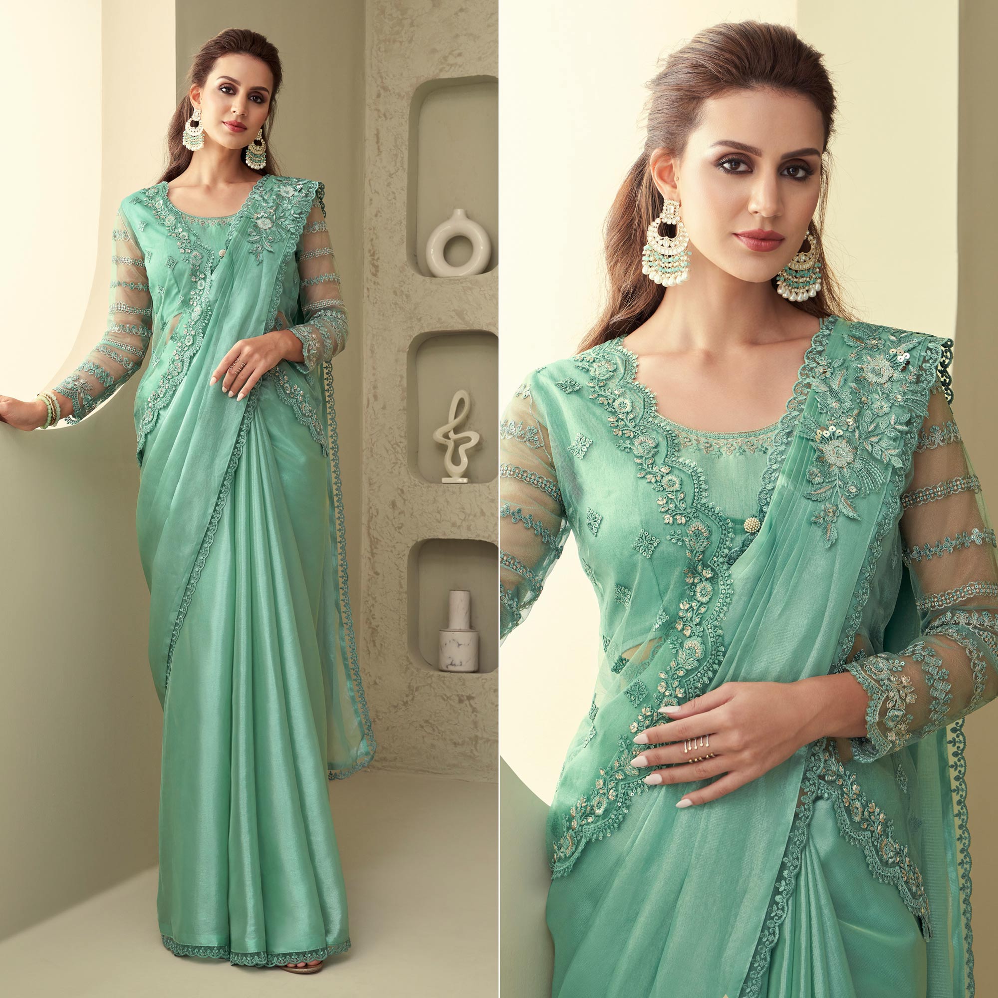 Sea Green Sequins Embroidered Georgette Saree