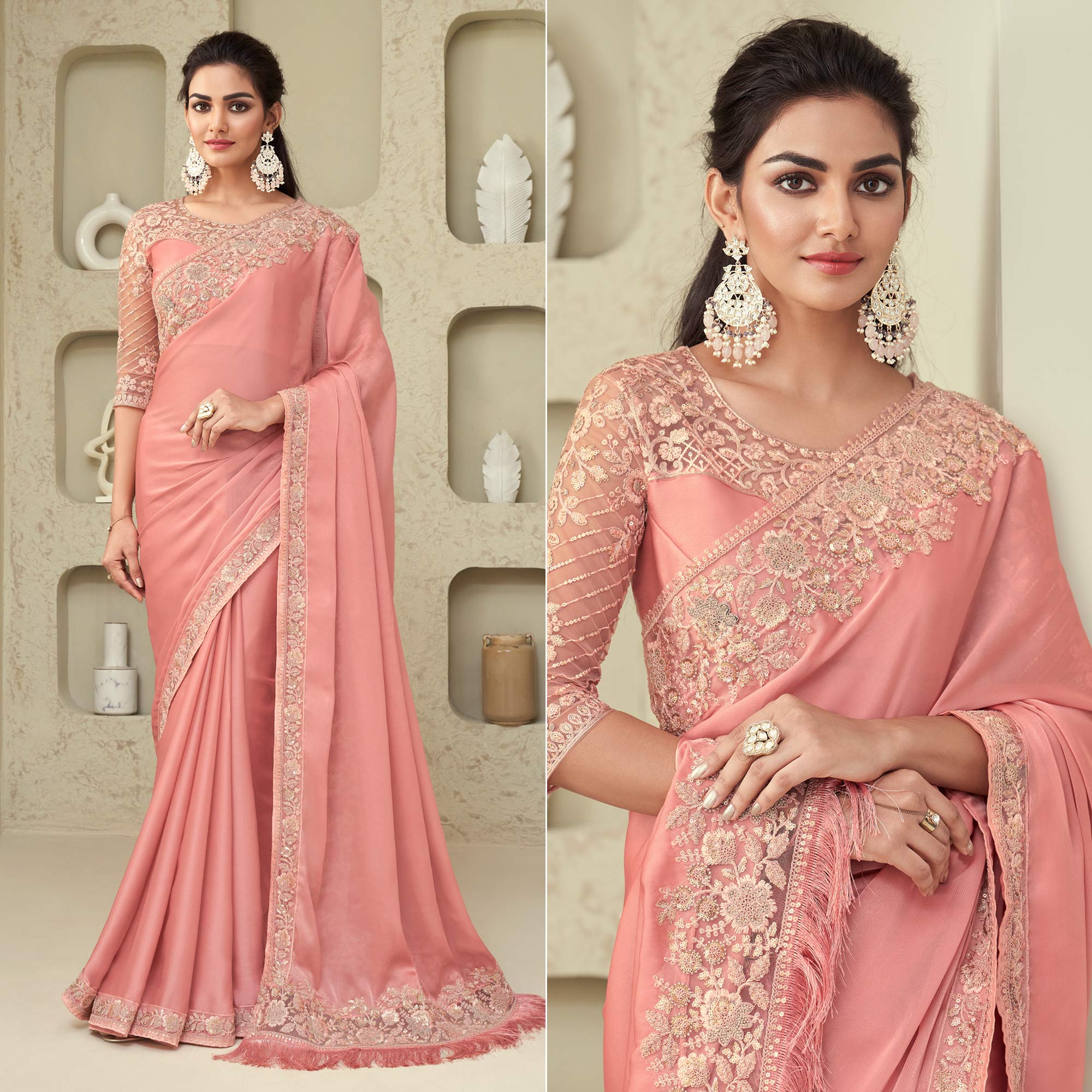 Peach Sequins Embroidered Georgette Saree