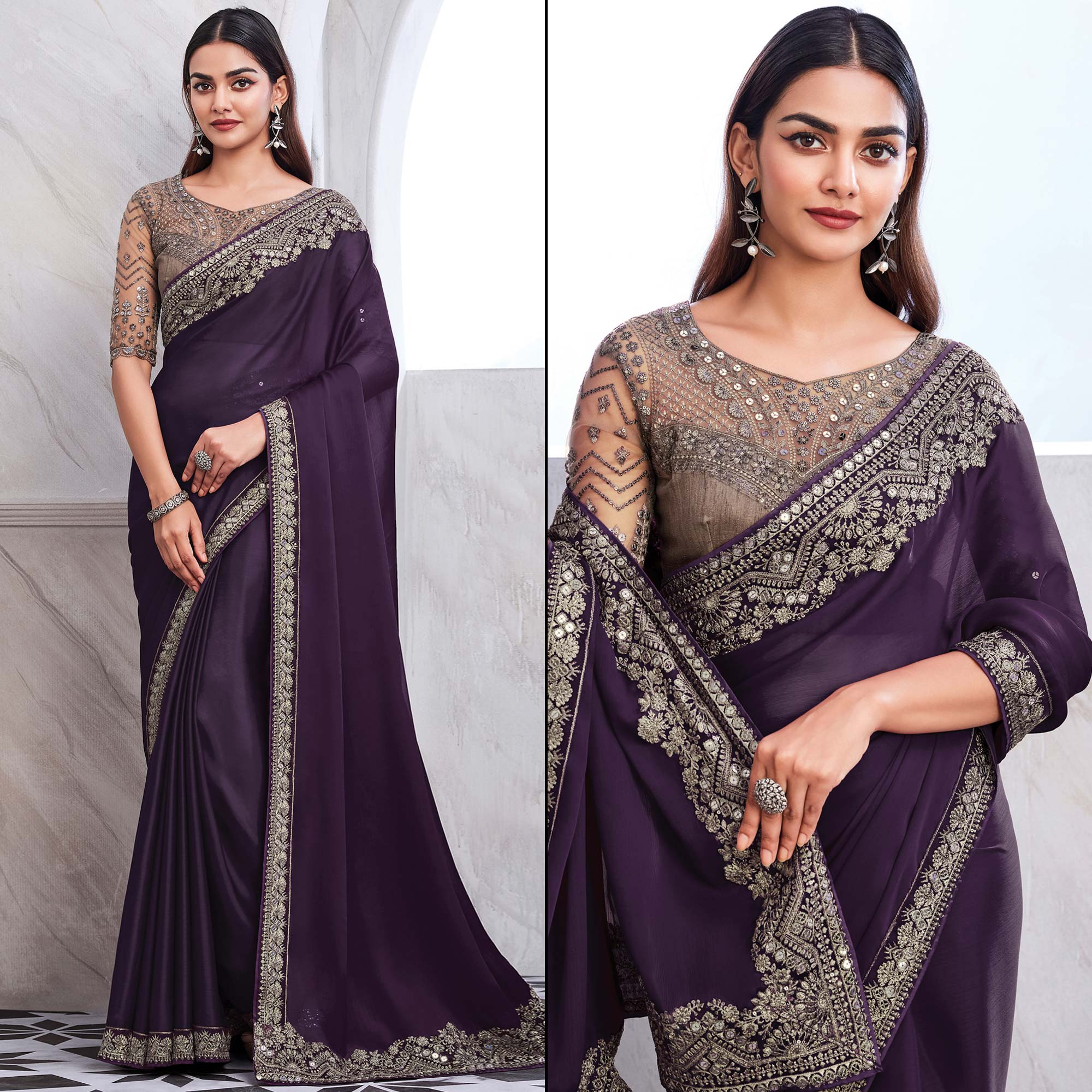 Purple Floral Sequins Embroidered Satin Saree