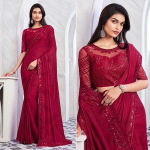 Rani Pink Floral Sequins Embroidered Chiffon Saree