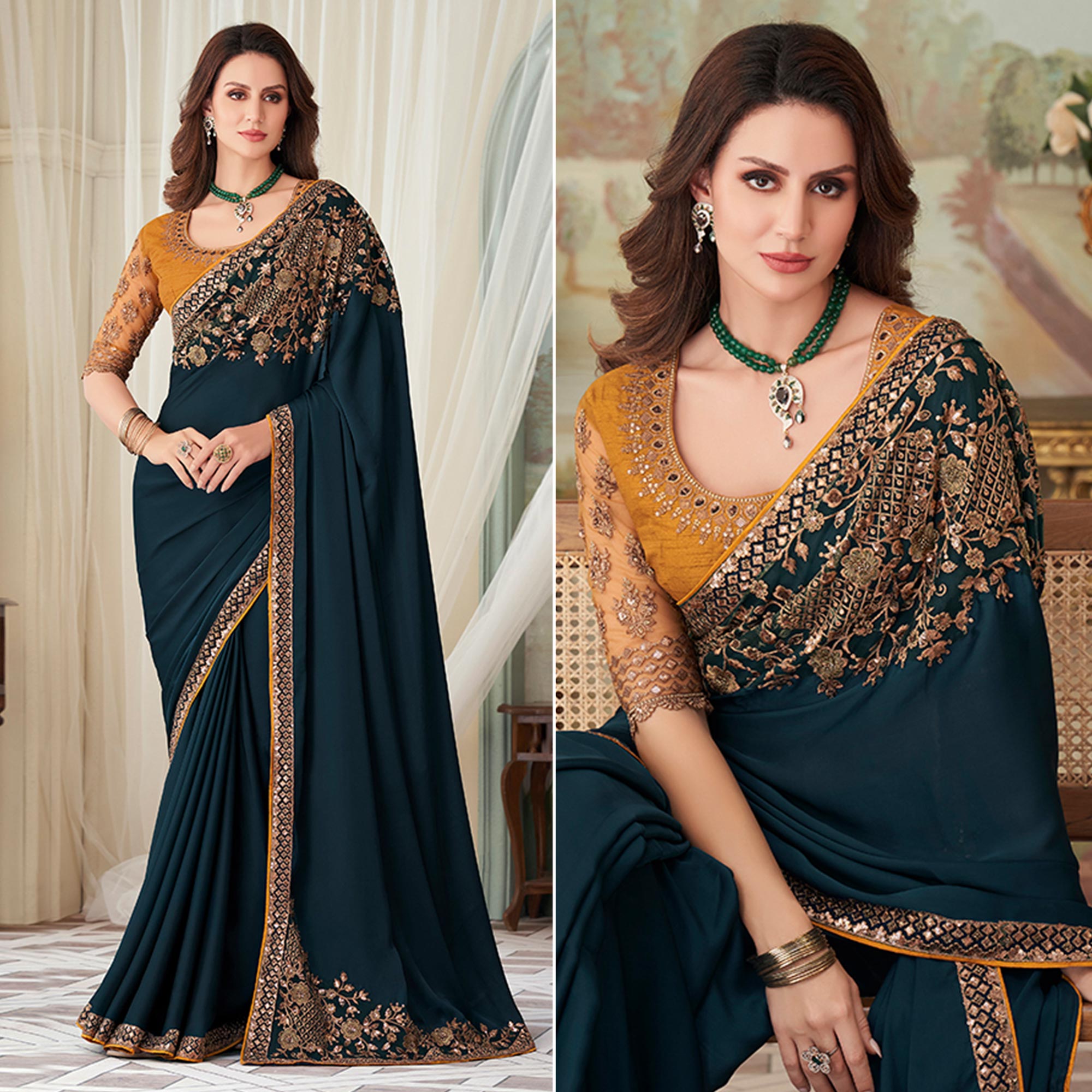 Teal Floral Sequin Embroidered Crepe Saree