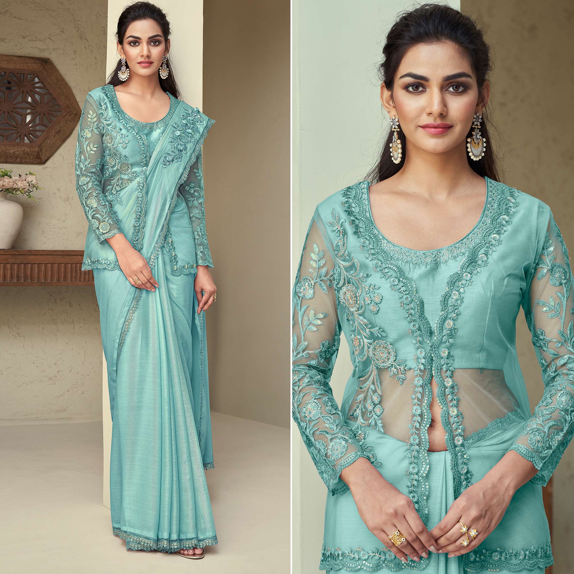 Turquoise Sequins Embroidered Georgette Saree