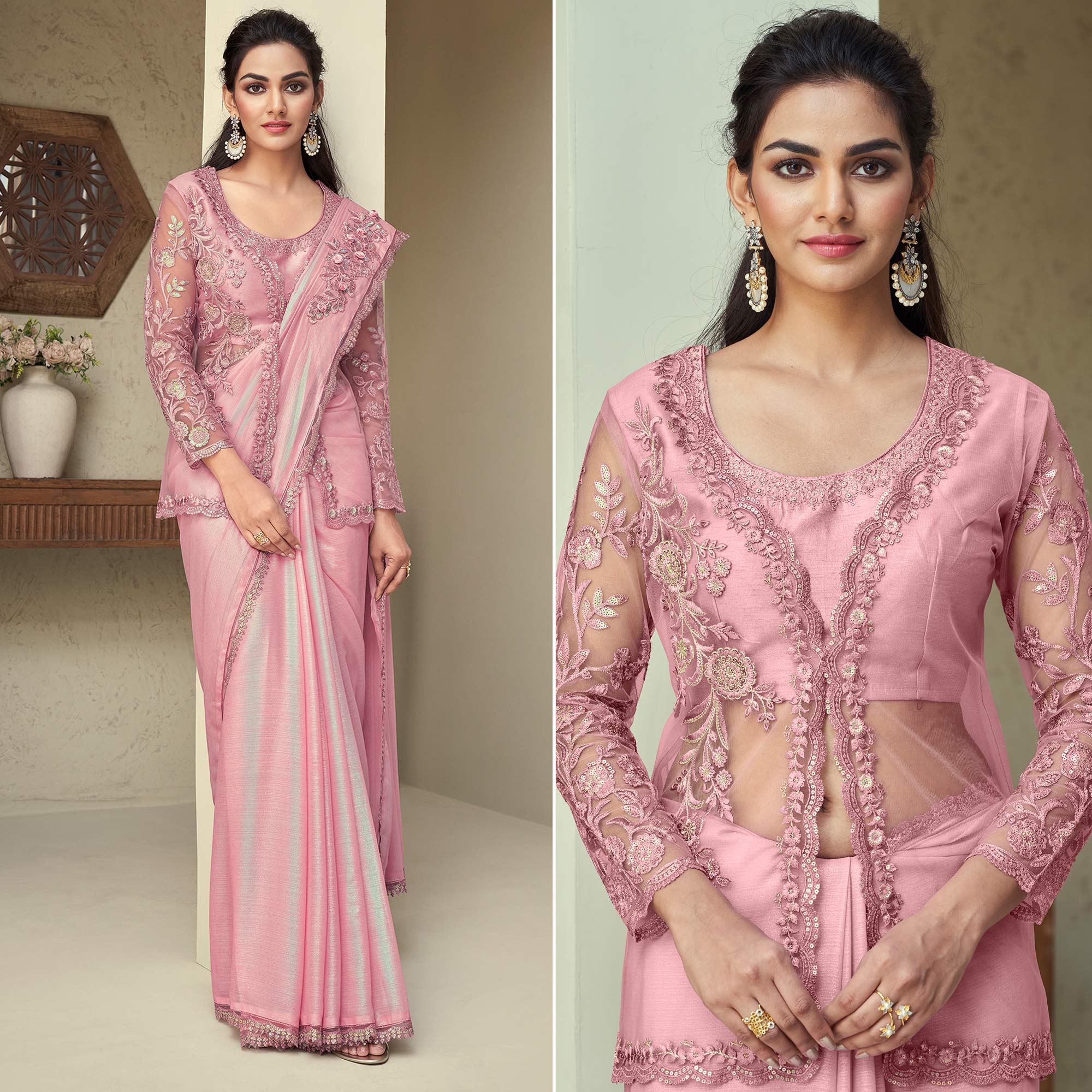 Peach Sequins Embroidered Georgette Saree