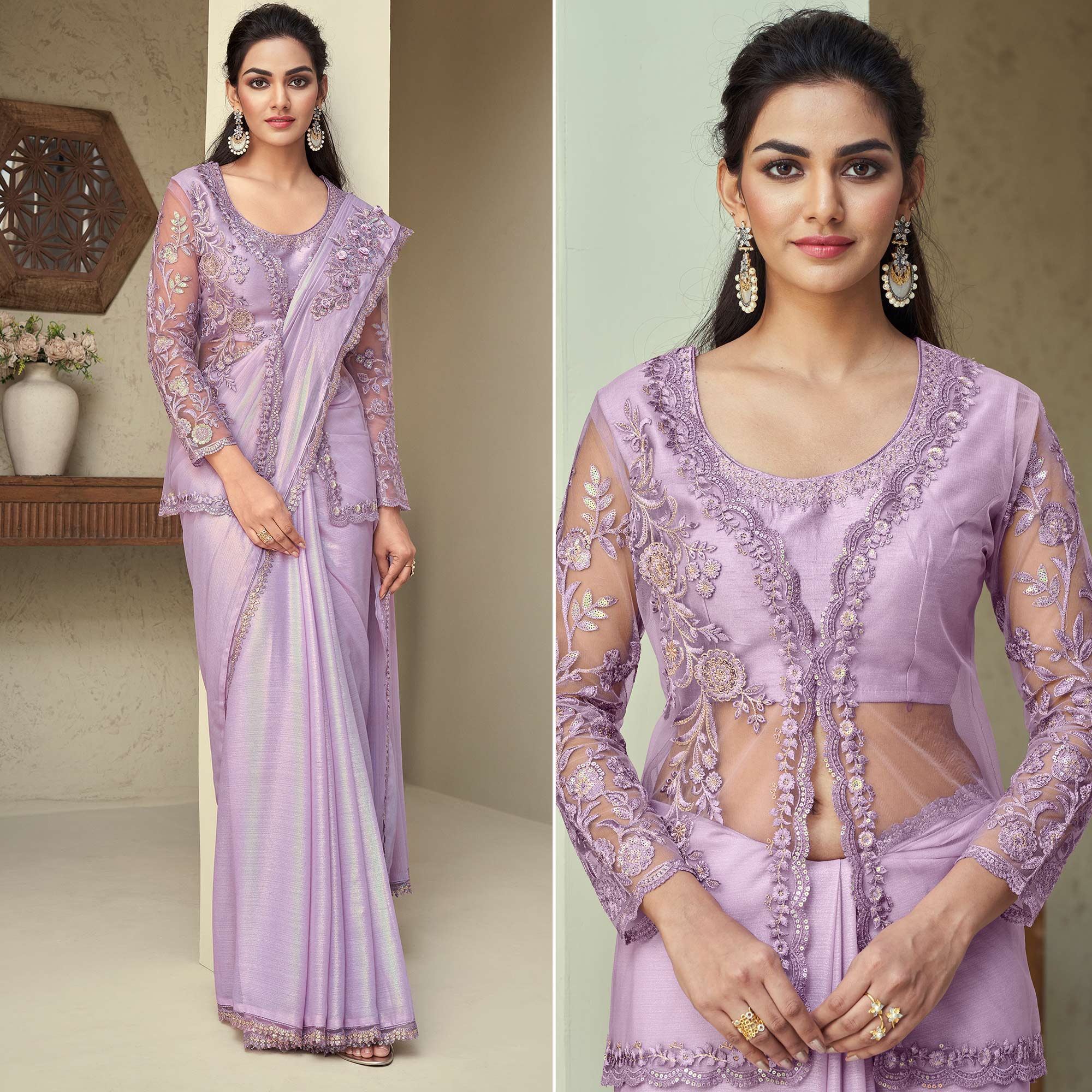Lavender Sequins Embroidered Georgette Saree