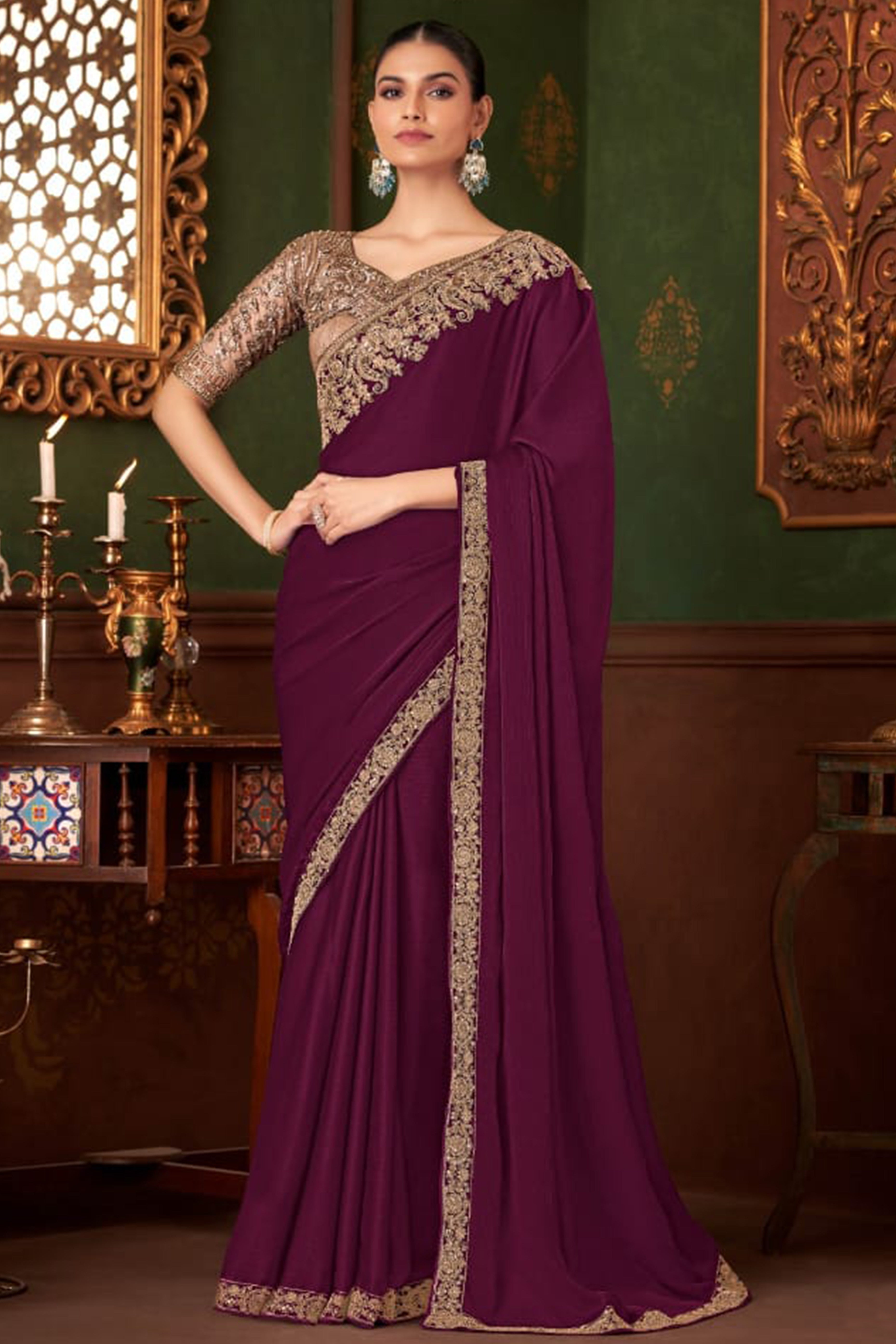 Graceful Purple Chiffon Saree Showcasing Exquisite Floral Thread Embroidery & Sequins Work