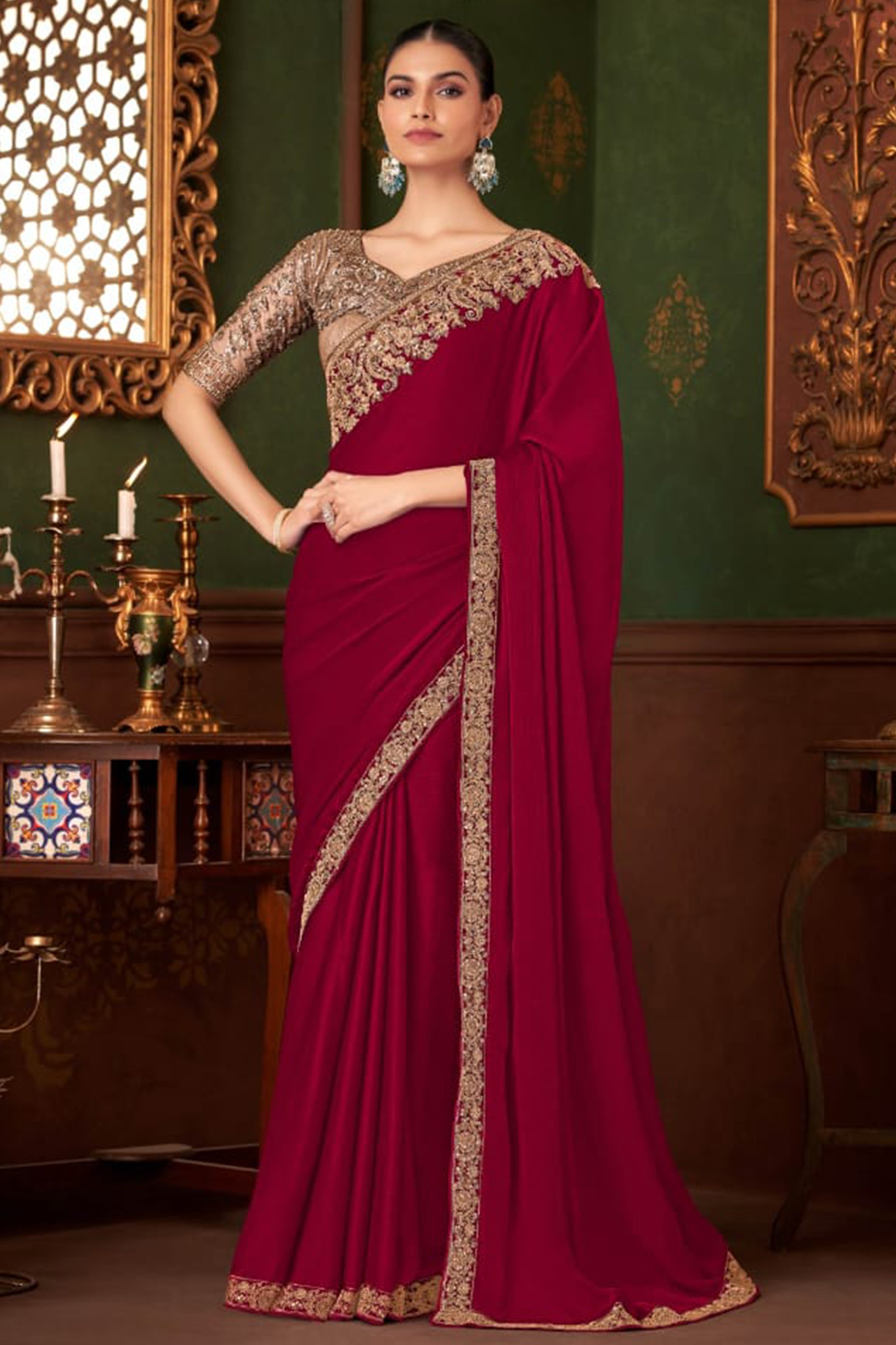 Graceful Maroon Chiffon Saree Showcasing Exquisite Floral Thread Embroidery & Sequins Work