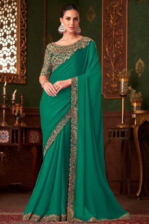 Charming Green Floral & Paisley Embroidered Chiffon Saree With Sparkling Sequins Detailing