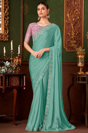 Elegant Turquoise Floral Thread Embroidered Chiffon Saree Featuring Sequins Accents