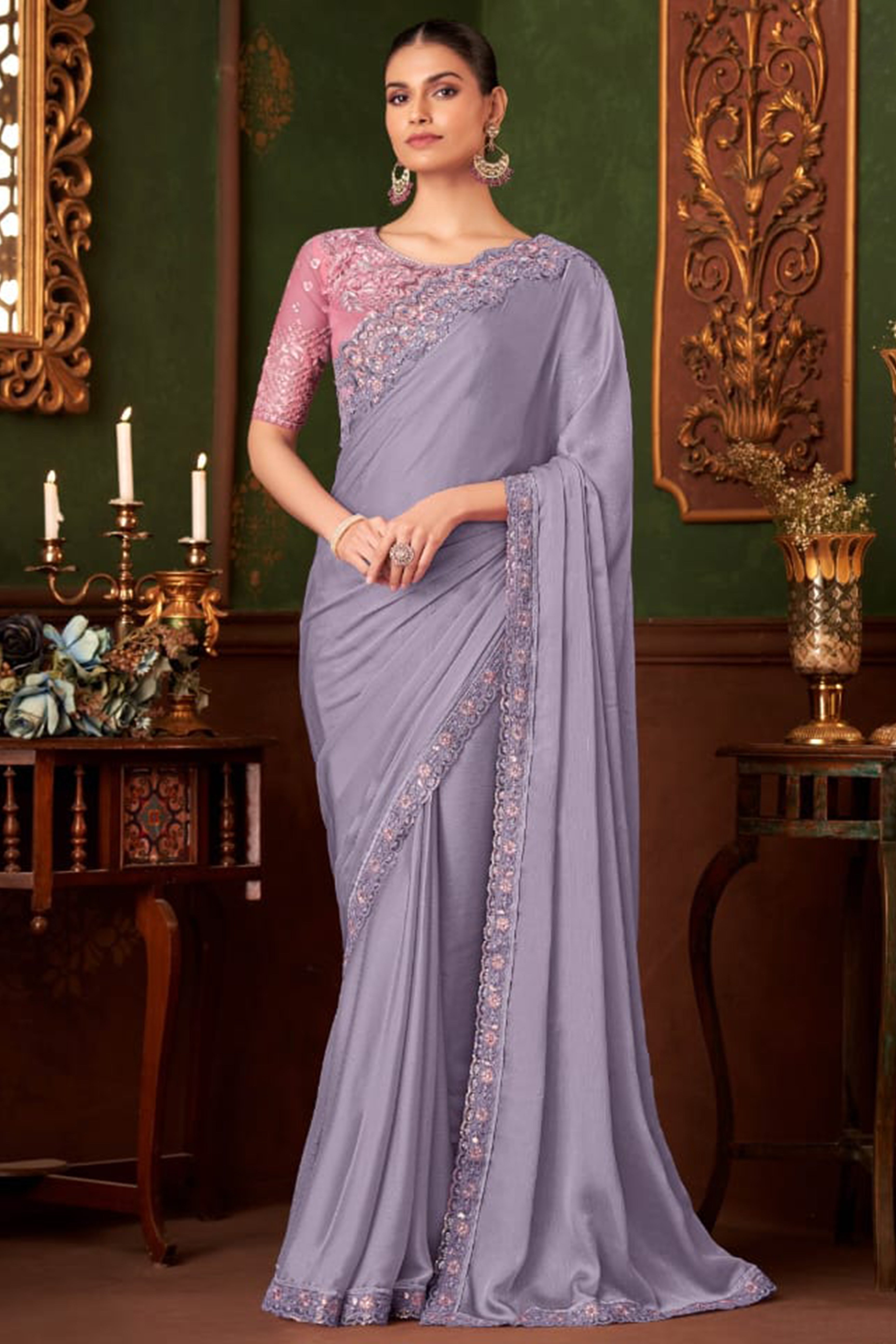 Elegant Lavender Floral Thread Embroidered Chiffon Saree Featuring Sequins Accents