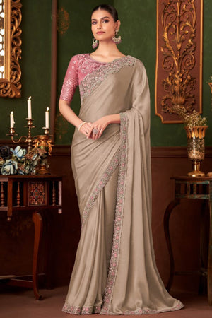Elegant Beige Floral Thread Embroidered Chiffon Saree Featuring Sequins Accents